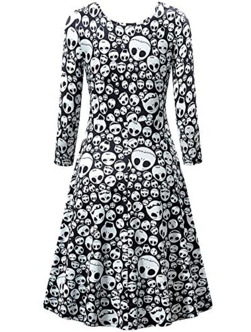 CYiNu Women's Halloween Dress Printed Vintage Style 3/4 Sleeves Round Neck A-Line Party Dresses