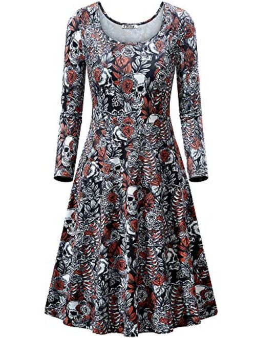 CYiNu Women's Halloween Dress Printed Vintage Style 3/4 Sleeves Round Neck A-Line Party Dresses