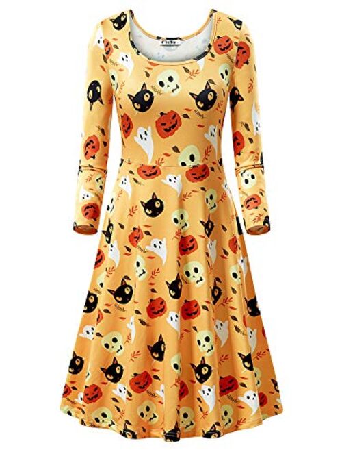 CYiNu Women's Halloween Dress Printed Vintage Style 3/4 Sleeves Round Neck A-Line Party Dresses