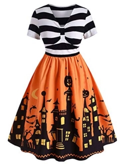 Rose GAL Women's Plus Size Vintage Halloween Bat Pumpkin Print A Line Dress