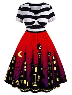 Rose GAL Women's Plus Size Vintage Halloween Bat Pumpkin Print A Line Dress