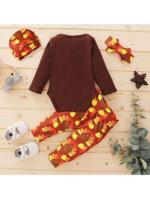 Mikrdoo 4Pcs Set My First Thanksgiving Outfit Toddler Baby Long Sleeve Romper Tops+ Pants + Hat + Headband Clothes Set