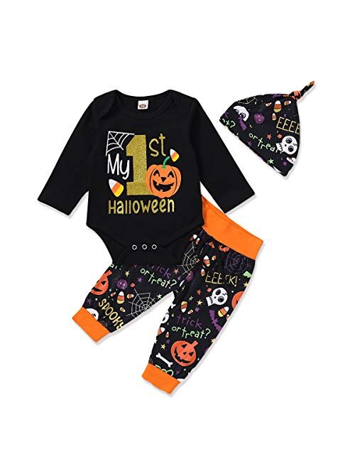 Mikrdoo 4Pcs Set My First Thanksgiving Outfit Toddler Baby Long Sleeve Romper Tops+ Pants + Hat + Headband Clothes Set