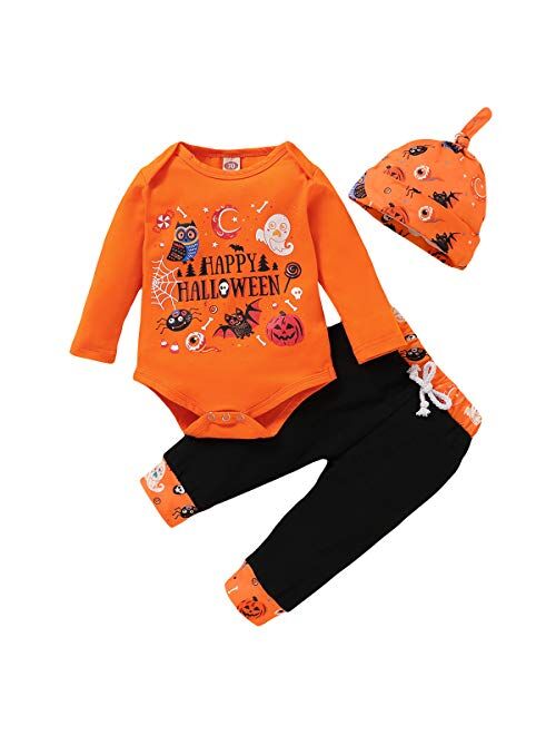 Mikrdoo 4Pcs Set My First Thanksgiving Outfit Toddler Baby Long Sleeve Romper Tops+ Pants + Hat + Headband Clothes Set