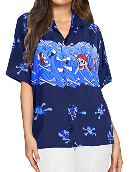 LA LEELA Womens Skull Halloween Costume Casual Beach Hawaiian Shirts Printed A