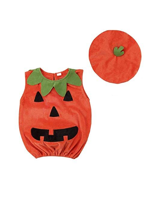 Toddler Infant Baby Boy Girl Halloween Pumpkin Costumes Sleeveless Romper Outfit with Hat