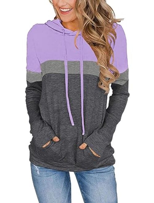 Lylinan Womens Hoodies Tops Casual Long Sleeve Color Block Drawstring Tunic Sweatshirt Pullover Blouse Top