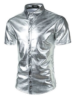 JOGAL Men's Dress Shirts Nightclub Metallic Silver Short Sleeve Button Down Shirts