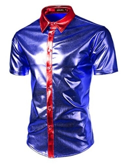 JOGAL Men's Dress Shirts Nightclub Metallic Silver Short Sleeve Button Down Shirts