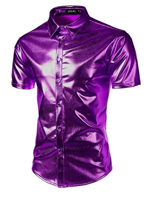 JOGAL Men's Dress Shirts Nightclub Metallic Silver Short Sleeve Button Down Shirts