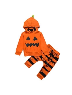 Toddler Newborn Baby Halloween Ghost Costume Clothes Pumpkin Smiles Cotton Hoodie Tops + Stripe Pants Sets 2PCS Outfits