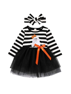 Toddler Baby Halloween Outfits Kids Girls Pumpkin Print Long Sleeve Dress Striped Skirts Halloween Dress