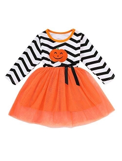 Toddler Baby Halloween Outfits Kids Girls Pumpkin Print Long Sleeve Dress Striped Skirts Halloween Dress