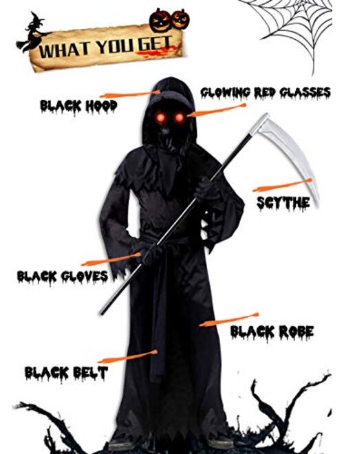 Grim Reaper Halloween Costume for Kids, Scream Costume with Glowing Up Eyes for Boys & Girls