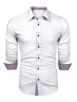 LecGee Men's Casual Cotton Dress Shirt Long Sleeve Plaid Collar Slim Fit Button Down Shirts