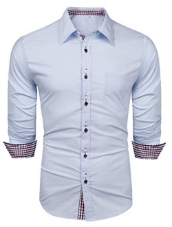 LecGee Men's Casual Cotton Dress Shirt Long Sleeve Plaid Collar Slim Fit Button Down Shirts