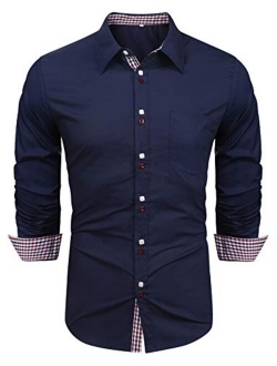 LecGee Men's Casual Cotton Dress Shirt Long Sleeve Plaid Collar Slim Fit Button Down Shirts