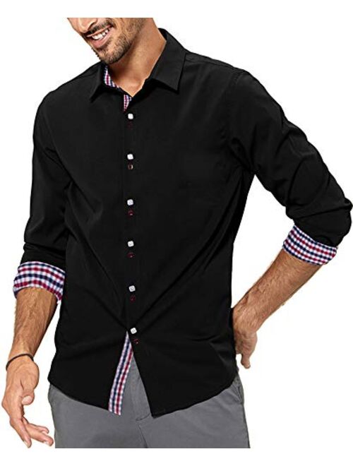 LecGee Men's Casual Cotton Dress Shirt Long Sleeve Plaid Collar Slim Fit Button Down Shirts