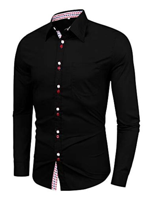 LecGee Men's Casual Cotton Dress Shirt Long Sleeve Plaid Collar Slim Fit Button Down Shirts