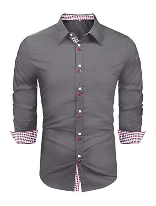 LecGee Men's Casual Cotton Dress Shirt Long Sleeve Plaid Collar Slim Fit Button Down Shirts