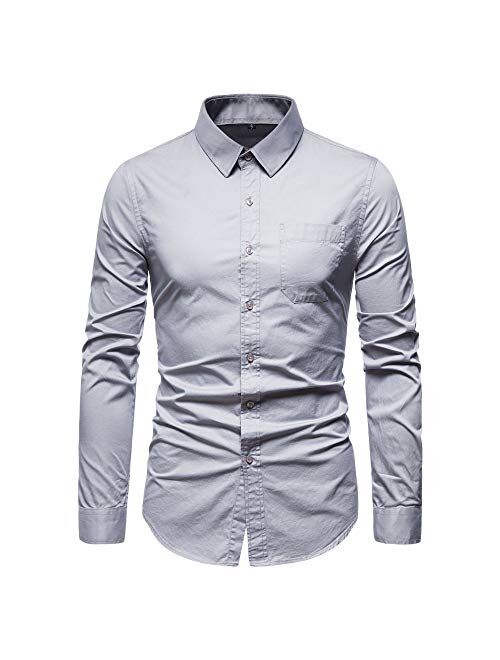 VANCOOG Mens Long Sleeve Casual Button Down Dress Shirts with Chest Pocket