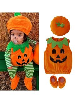 3PCS Newborn Baby Girl Boy Halloween Pumpkin Costume Romper Dress Shoes Hat Outfits Age For 0-3 Years