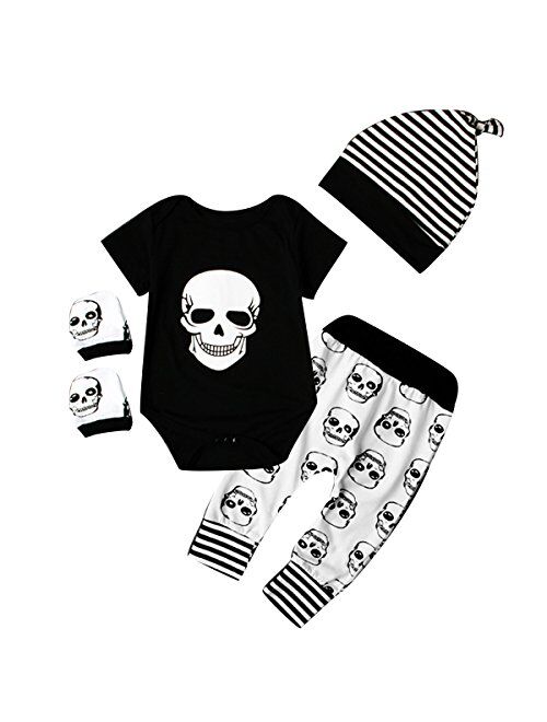 puseky 4pcs Newborn Baby Boys Clothes Skull Romper+Pants+Hat+Mitten Baby Boy Halloween Outfit Set