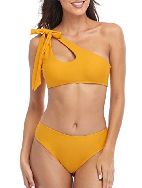 Charmo One Shoulder Bikini Swimsuits Women Adjustable Bow Shoulder tie Bikini Swimwear