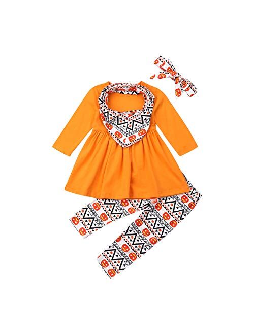 Toddler Baby Girl Halloween Outfits Long Sleeve Top Dress+Legging Pants+Headband Pumpkin Clothes Set 12M-7Y