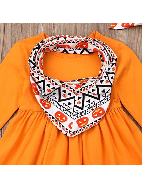 Toddler Baby Girl Halloween Outfits Long Sleeve Top Dress+Legging Pants+Headband Pumpkin Clothes Set 12M-7Y