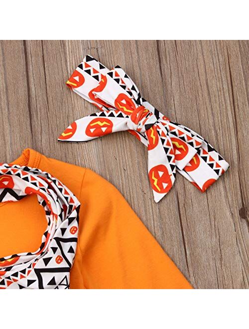 Toddler Baby Girl Halloween Outfits Long Sleeve Top Dress+Legging Pants+Headband Pumpkin Clothes Set 12M-7Y