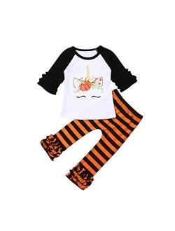 Toddler Baby Girls Halloween Outfits Ruffles Long Sleeve Top Pumpkin Legging Flare Pants 2pcs Clothes Set