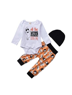 3PCS Baby Girls Halloween Outfits Skull Tops Ghost Leggings Pants with Csarf Hat Clothes Set