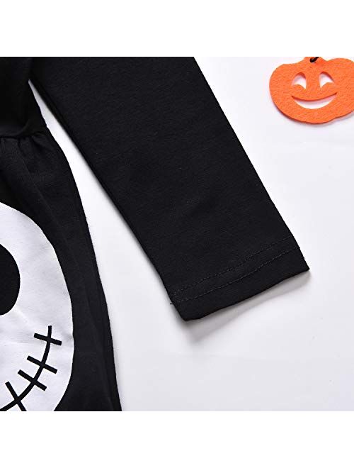 3PCS Baby Girls Halloween Outfits Skull Tops Ghost Leggings Pants with Csarf Hat Clothes Set