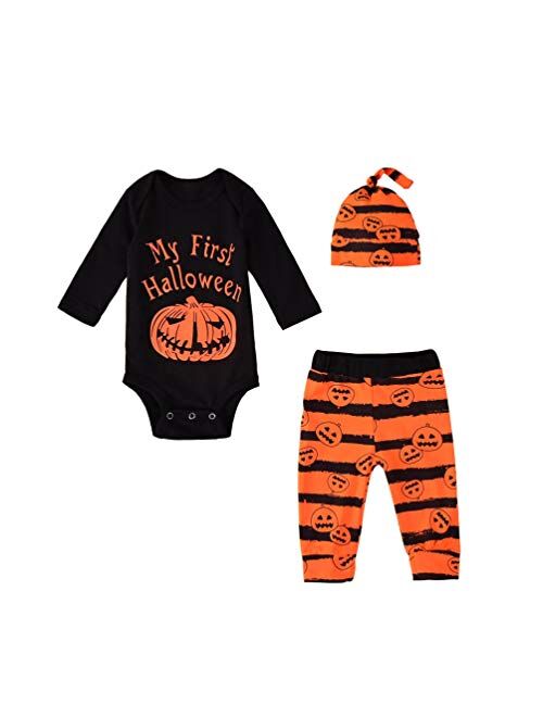 3PCS Baby Girls Halloween Outfits Skull Tops Ghost Leggings Pants with Csarf Hat Clothes Set