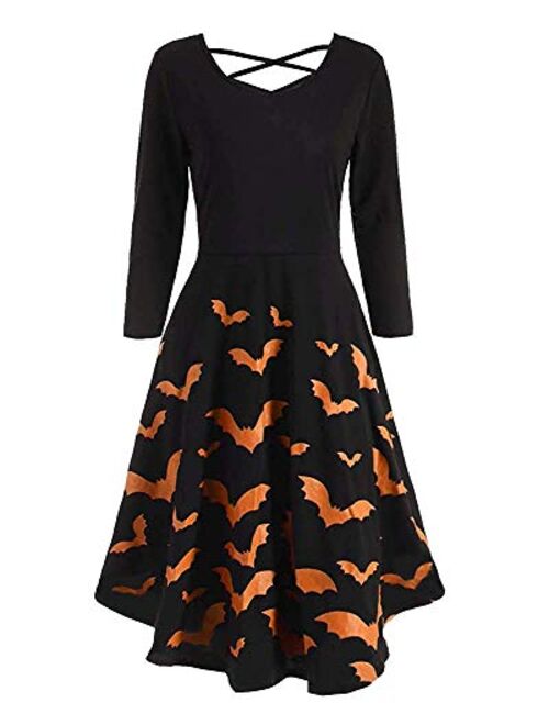 Imysty Womens Halloween Dress Sexy V Neck Printed Flared Party Midi Dress