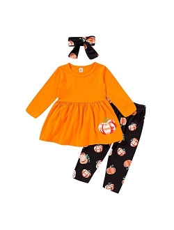 3Pcs Kids Baby Girls Halloween/Thanksgiving Clothes Pumpkin/Turkey T-Shirt Top Dress+Pants+Headband Outfit Set Winter