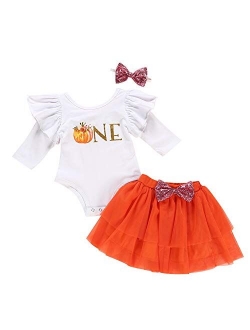 4Pcs Baby Girls My 1st Halloween Outfits Pumpkin Print Romper+Bow Tutu Dress+Warmers Leggings+Headband Skirt Set