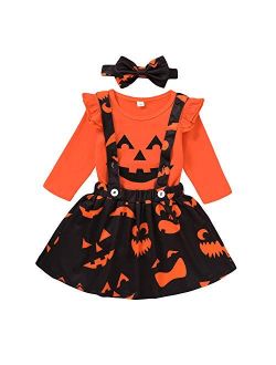 Toddler Baby Girls Halloween Outfit Pumpkin Plaid Ruffles Sleeve Shirt Tops Suspender Skirt Clothes Set