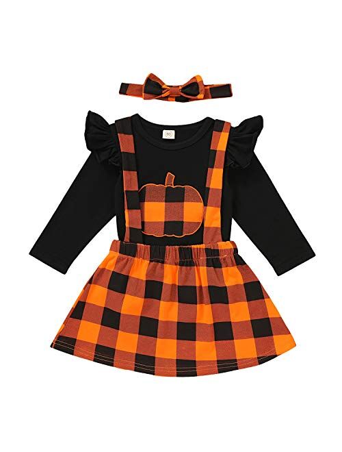 Toddler Baby Girls Halloween Outfit Pumpkin Plaid Ruffles Sleeve Shirt Tops Suspender Skirt Clothes Set