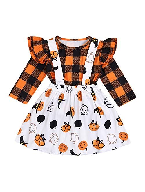 Toddler Baby Girls Halloween Outfit Pumpkin Plaid Ruffles Sleeve Shirt Tops Suspender Skirt Clothes Set