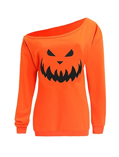 Dutebare Women Halloween Off Shoulder Sweatshirt Slouchy Witch Shirt Long Sleeve Pullover Tops