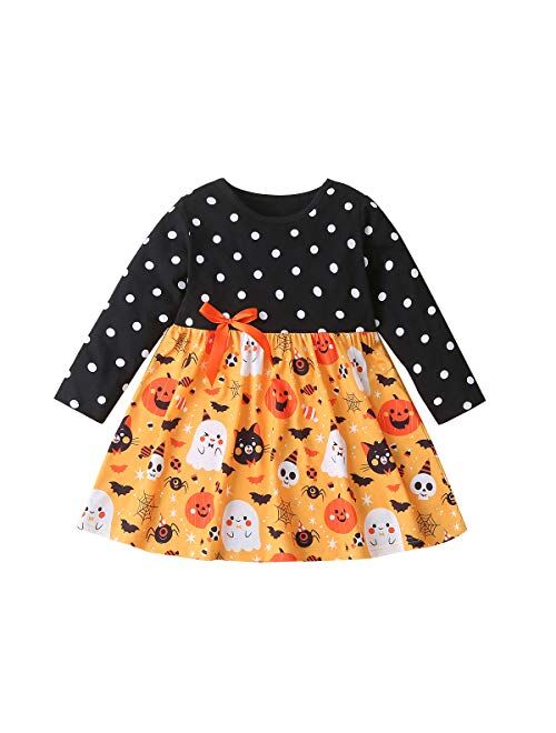 Toddler Baby Girl Halloween Dress Pumpkin Clothes Patchwork Button Denim Fall Dresses