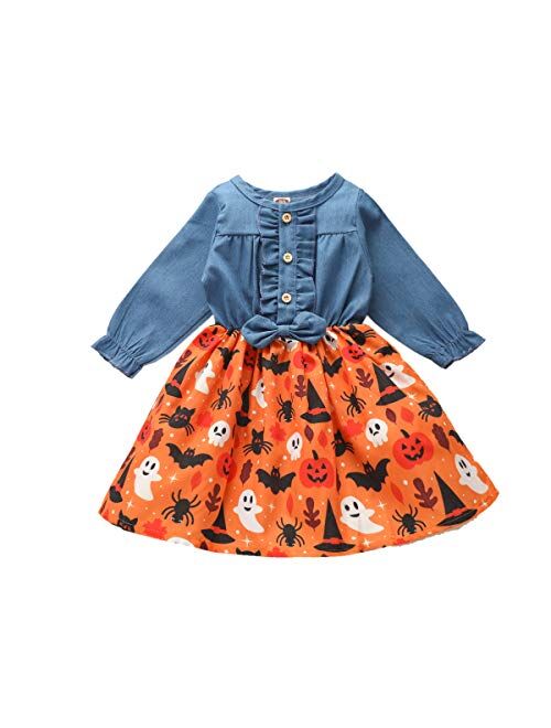 Toddler Baby Girl Halloween Dress Pumpkin Clothes Patchwork Button Denim Fall Dresses