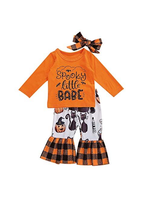 Toddler Baby Girl Halloween Outfits Pumpkin Long Sleeve Top+Stripe Flared Pants 2PCs Fall Clothes Set