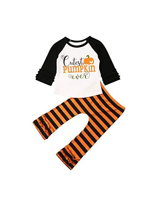 Toddler Baby Girl Halloween Outfits Pumpkin Long Sleeve Top+Stripe Flared Pants 2PCs Fall Clothes Set