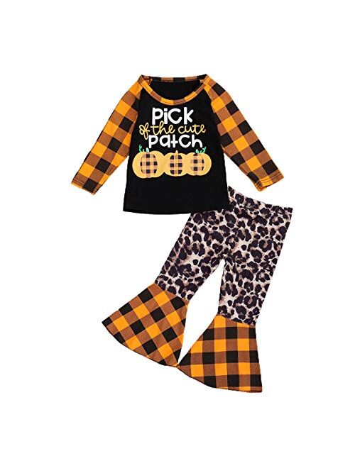 Toddler Baby Girl Halloween Outfits Pumpkin Long Sleeve Top+Stripe Flared Pants 2PCs Fall Clothes Set