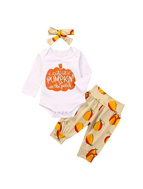 Infant Baby Girl Boy Halloween Clothes Letter Print Romper Top Pumpkin Long Pants with Headband 3Pcs Outfits 0-24M