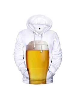 Men's Hoodie Casual Long Sleeve Hooded Pullover 3D Beer Printing Drawstring Sweatshirt