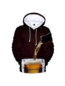 Men's Hoodie Casual Long Sleeve Hooded Pullover 3D Beer Printing Drawstring Sweatshirt